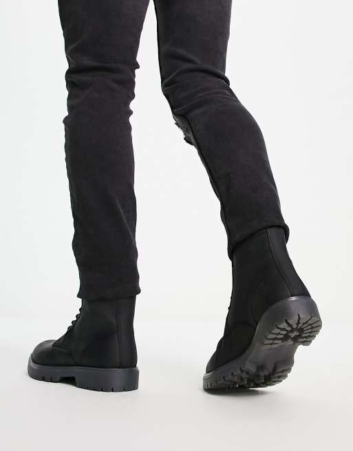 ASOS DESIGN lace up boots in black leather with chunky sole