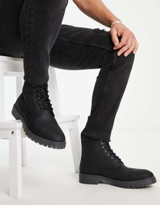 ASOS DESIGN lace up boots in black leather with chunky sole