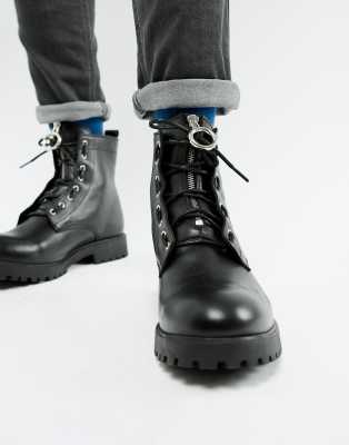 asos design lace up boots in black leather with chunky sole