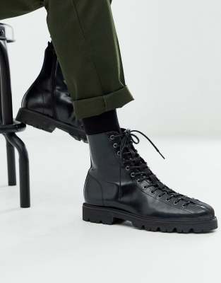 asos design lace up boots in black leather with chunky sole