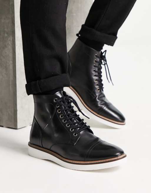 エイソス ASOS DESIGN lace up boots in black leather with white