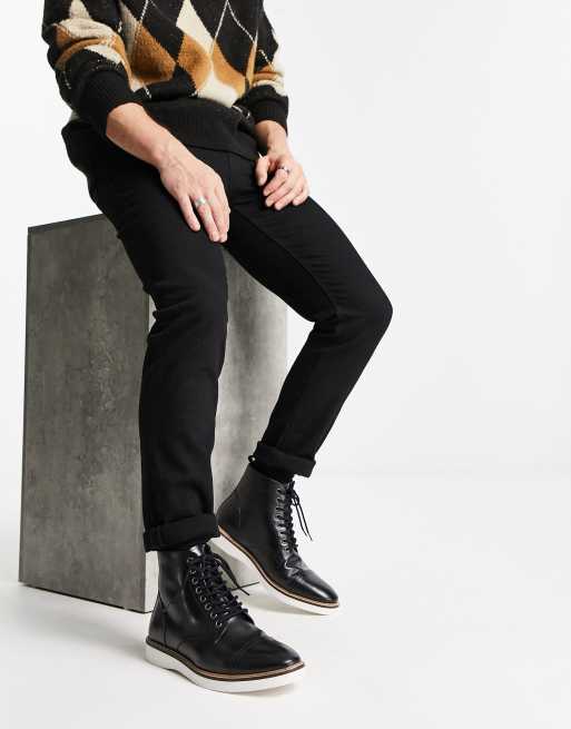 エイソス ASOS DESIGN lace up boots in black leather with white