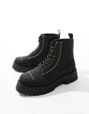 Asos Design Lace-up Boots In Black With Chunky Sole And Contrast Stitch