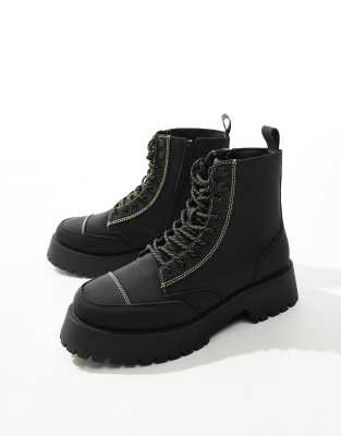 ASOS DESIGN ASOS DESIGN lace up boots in black with chunky sole and contrast stitch