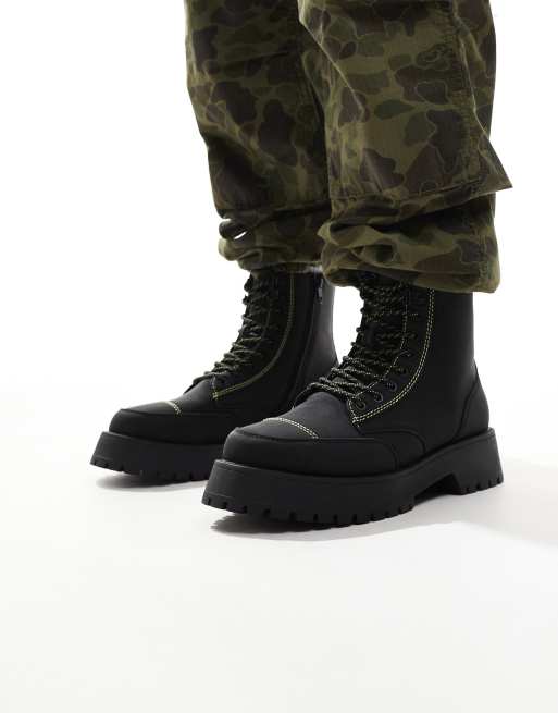 Black contrast cuff lace up hiker boots 2025