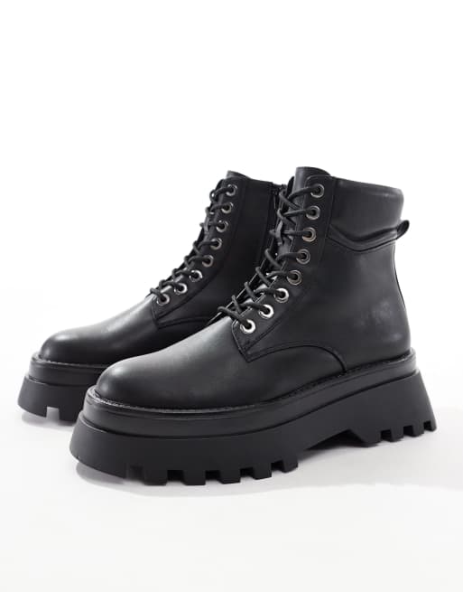 Asos design lace up boots in black leather with chunky sole online