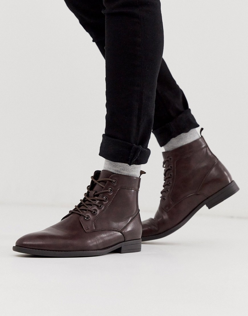ASOS DESIGN lace up boots in brown faux leather - BROWN