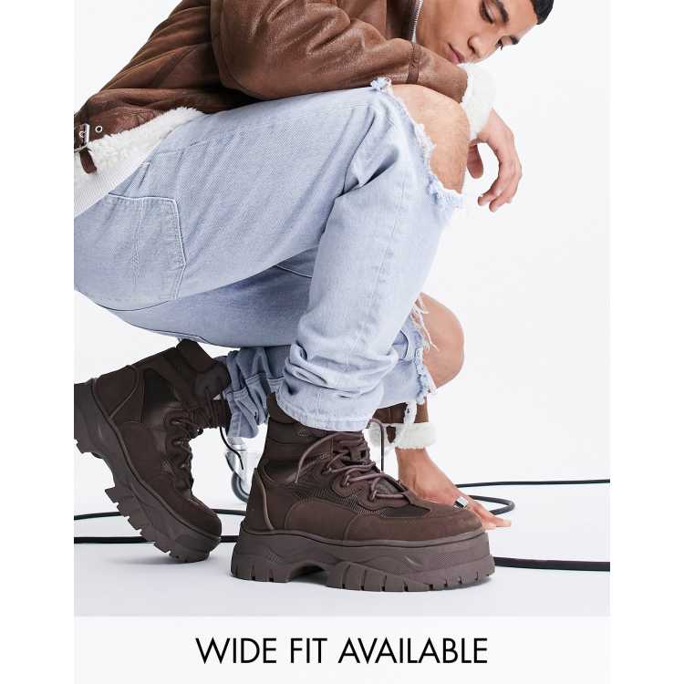 ASOS DESIGN lace up boots in brown faux suede on chunky sole