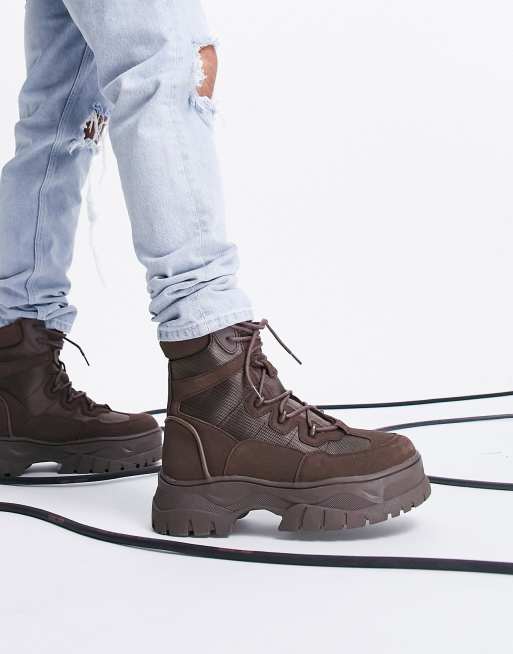 ASOS DESIGN lace up boots in brown faux suede on chunky sole