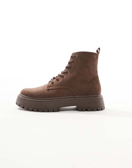 ASOS DESIGN lace up boots in brown faux suede with raised chunky sole, 2 of 4