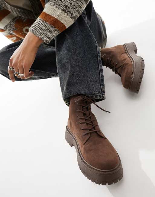 ASOS DESIGN lace up boots in brown faux suede with raised chunky sole, 3 of 4