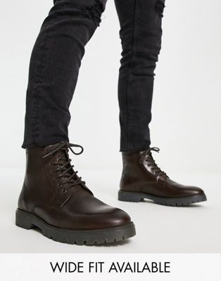 ASOS DESIGN lace up boots in brown leather with chunky sole