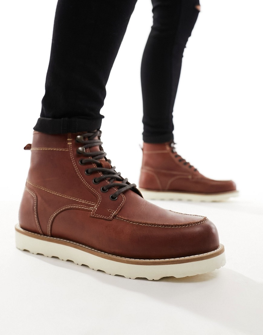 Asos Design Lace-up Boots In Brown Leather With Contrast Sole