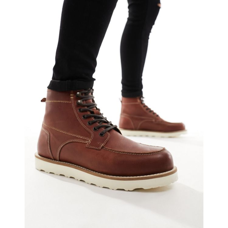ASOS DESIGN lace-up boots in brown leather with contrast sole