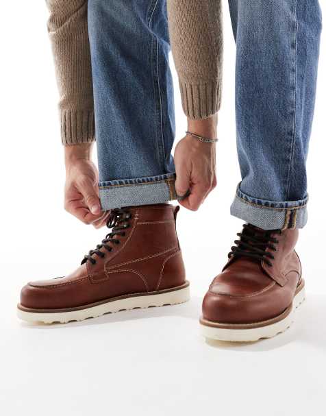 ASOS DESIGN lace up boots in brown leather with contrast sole - view 1