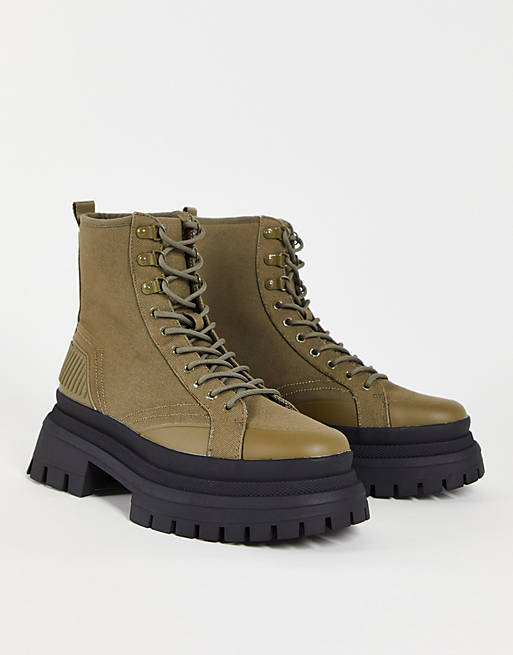 ASOS DESIGN lace up boots in khaki canvas on chunky sole