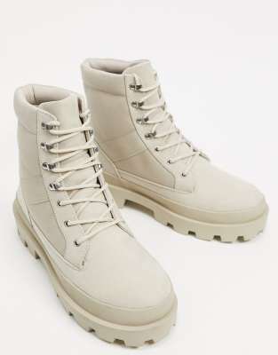 asos design lace up boots in black leather with chunky sole