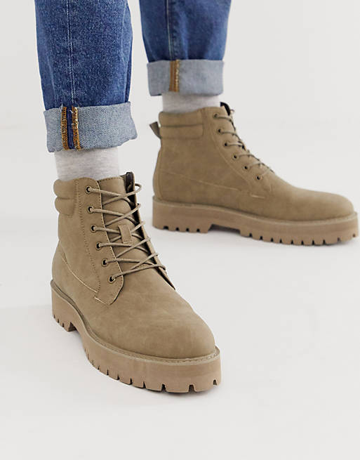 ASOS DESIGN lace up boots in stone faux suede with stone sole | ASOS