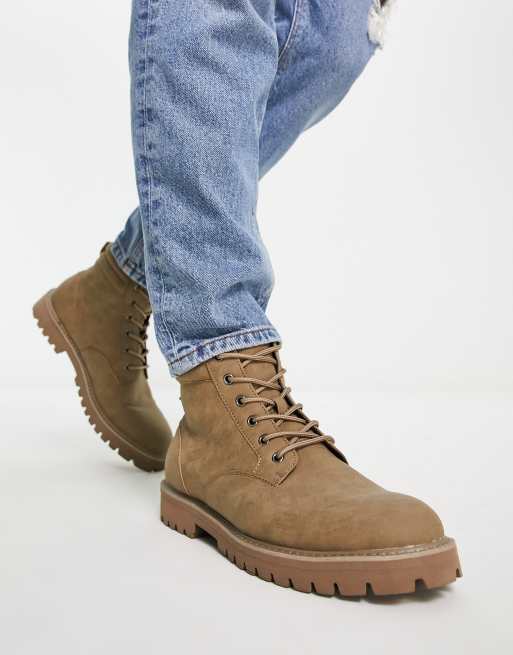 ASOS DESIGN lace up boots in stone faux suede with stone sole