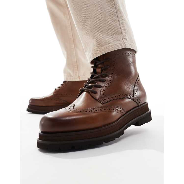 ASOS DESIGN lace-up boots in tan leather with double stacked  display picture 2
