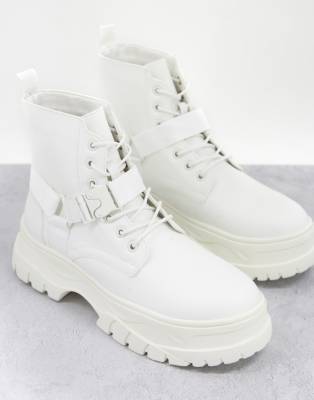 ASOS DESIGN lace up boots in white faux leather with strap detail on ...