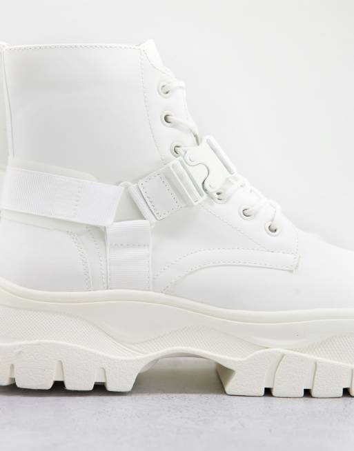 ASOS DESIGN lace up boots in white faux leather with strap detail