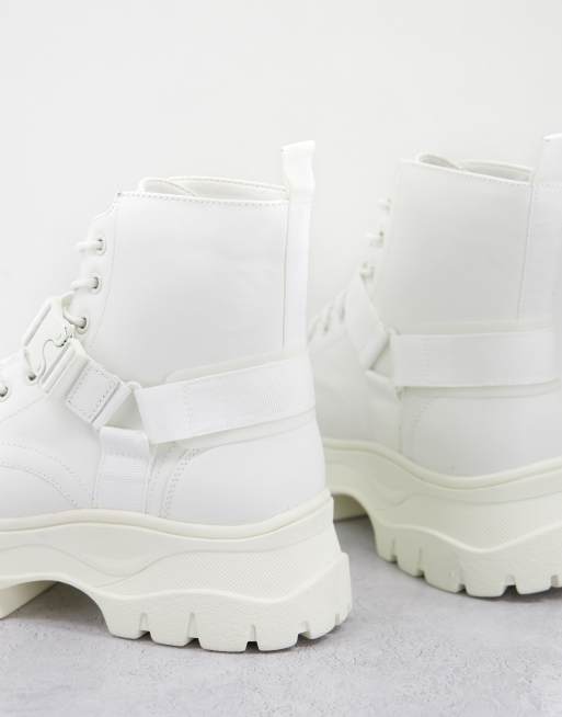 ASOS DESIGN lace up boots in white faux leather with strap detail on chunky  sole