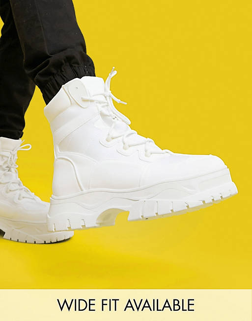 ASOS DESIGN lace up boots in white faux suede on chunky sole