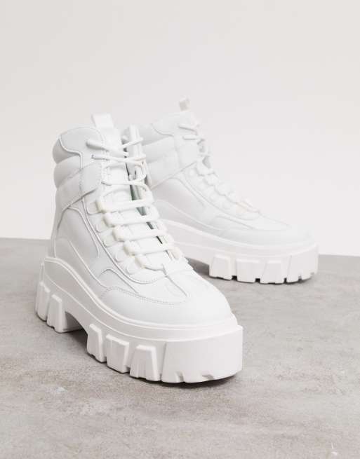 ASOS DESIGN lace up boots in white faux suede with chunky sole