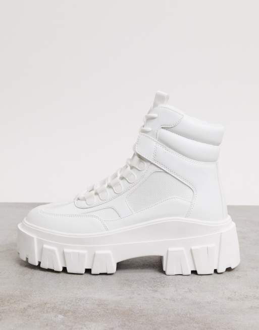 ASOS DESIGN lace up boots in white faux suede with chunky sole