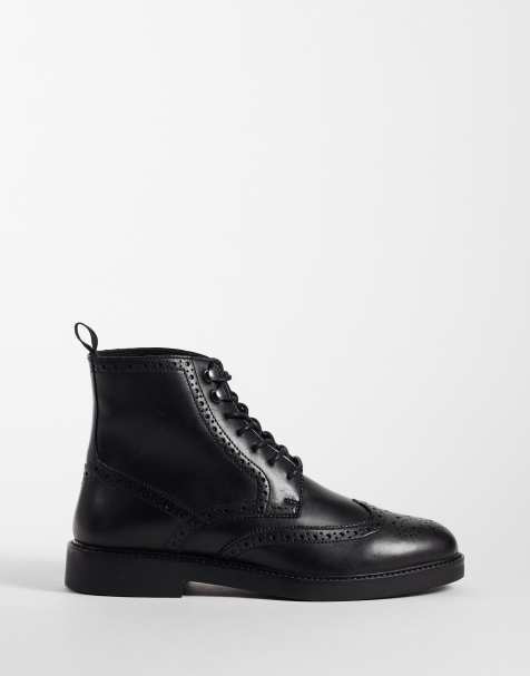 ASOS DESIGN lace-up boots with brogue detail in black leather - view 1