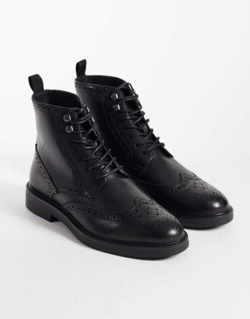 ASOS DESIGN lace up boots with brogue detailing in black leather, 2 of 4