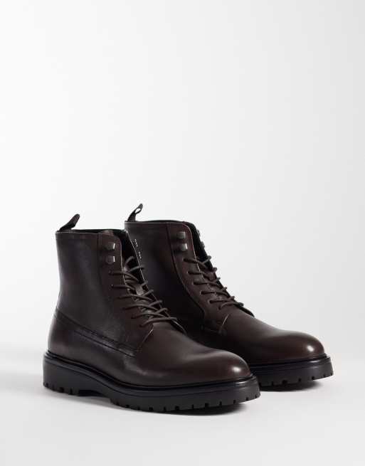 ASOS DESIGN lace up boots with cleated sole in brown leather, 2 of 4