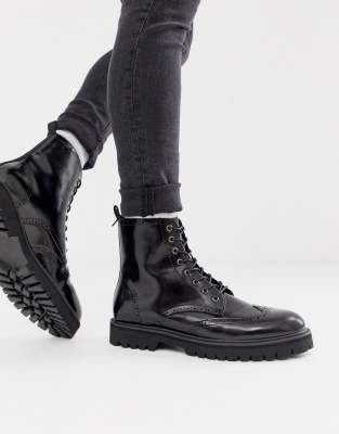 asos design lace up boots in black leather with chunky sole