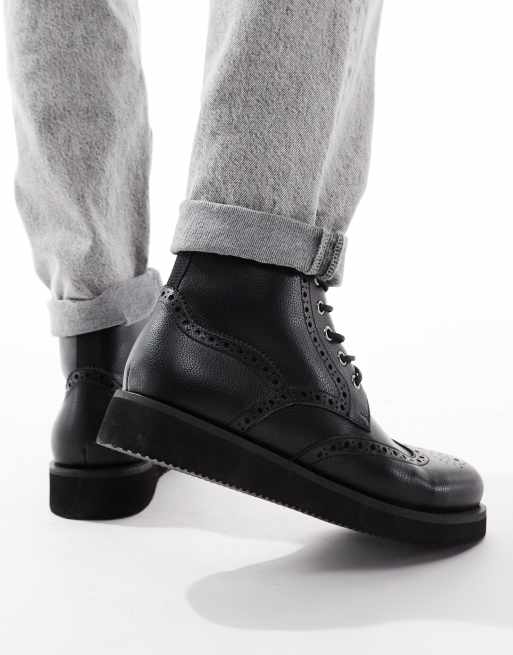 ASOS DESIGN lace up brogue boots in black with wedge sole