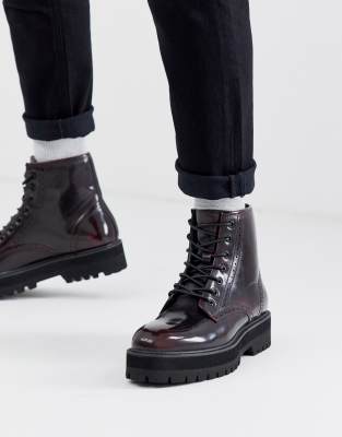 asos design lace up boots in black leather with chunky sole