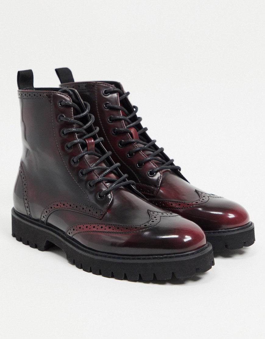 Asos Design Lace Up Brogue Boots In Red Faux Leather On Chunky Sole