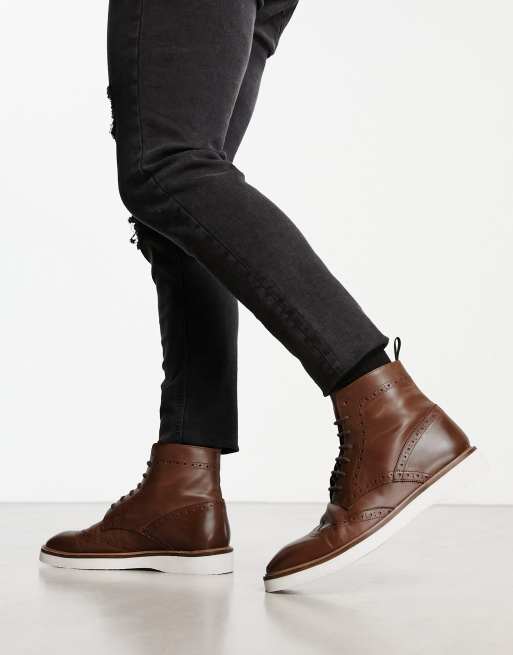 ASOS DESIGN lace-up brogue boots in tan leather with contrast white sole