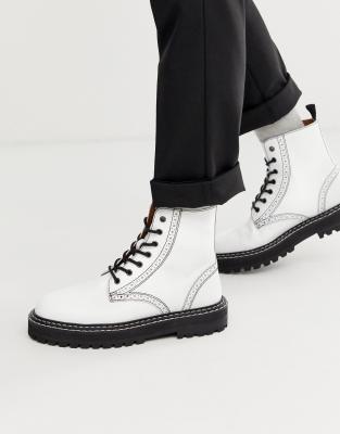 white chunky digger lace up boots