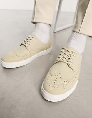 Asos Design Lace Up Brogue Shoes In Beige Faux Suede-neutral