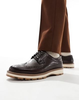 Asos Design Lace Up Brogue Shoes In Brown Leather With Contrast White Sole