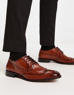ASOS DESIGN LACE-UP BROGUE SHOES IN POLISHED TAN LEATHER-BROWN