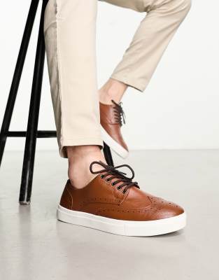 Asos Design Lace Up Brogue Shoes In Tan Faux Leather-brown