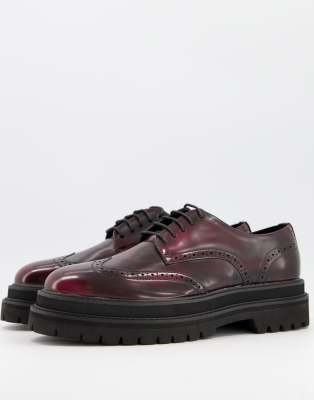 ASOS DESIGN LACE UP BROGUES IN BURGUNDY FAUX LEATHER ON STACKED CHUNKY SOLE-RED STACKER 1