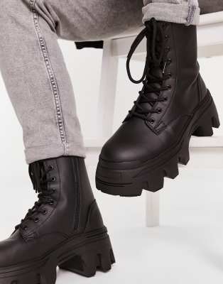 ASOS DESIGN lace up calf boot with chunky sole in black faux leather