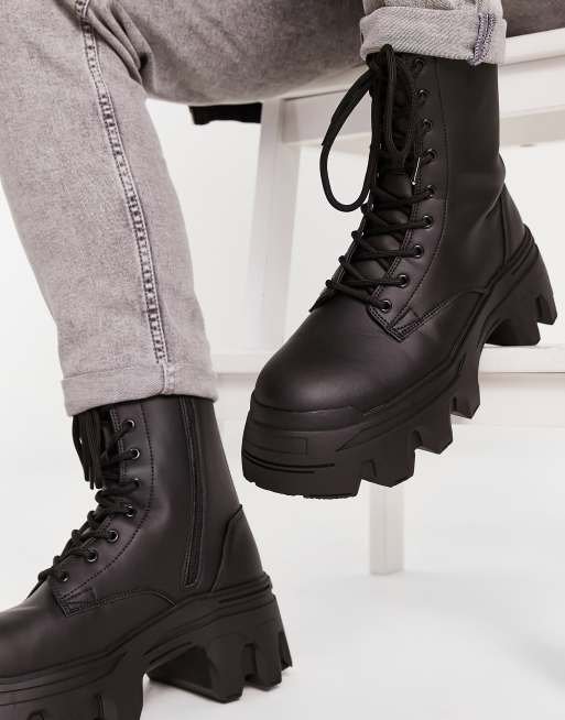 ASOS DESIGN lace up calf boot with chunky sole in black faux leather | ASOS