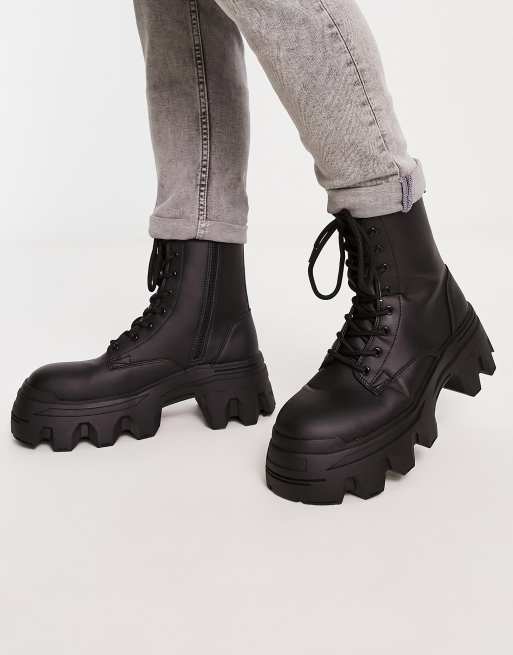 black lace up extreme cleated sole hiker boots