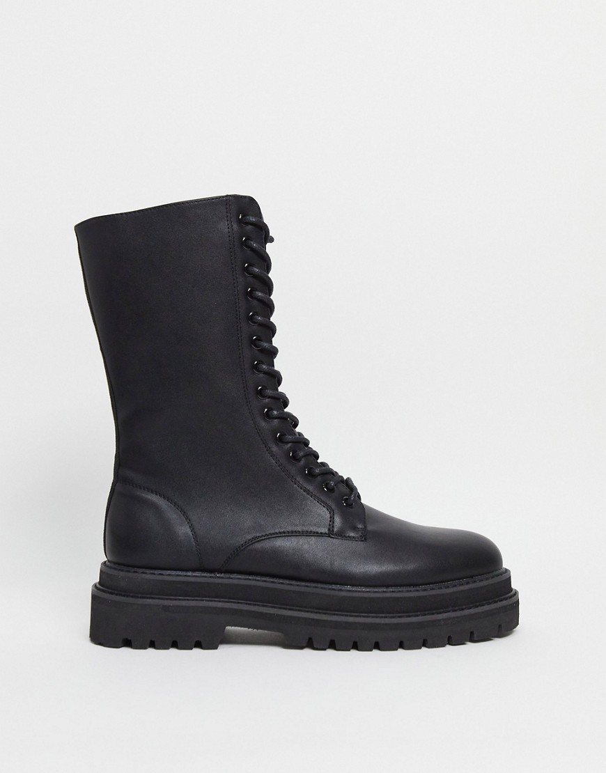 ASOS DESIGN lace up calf boots in black faux leather on chunky sole