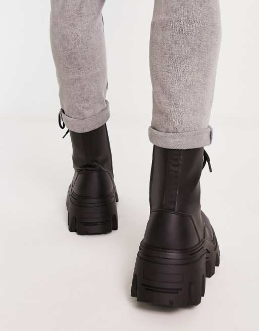 ASOS DESIGN lace up calf boots with chunky sole in black faux leather, 3 of 4