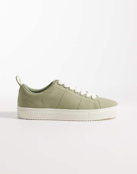 ASOS DESIGN lace-up canvas sneakers in khaki with stitch detail - view 1